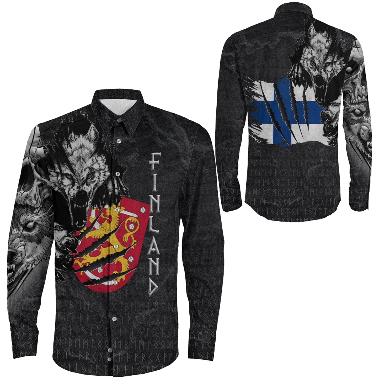 Finland Wolf Viking Long Sleeve Button Shirt