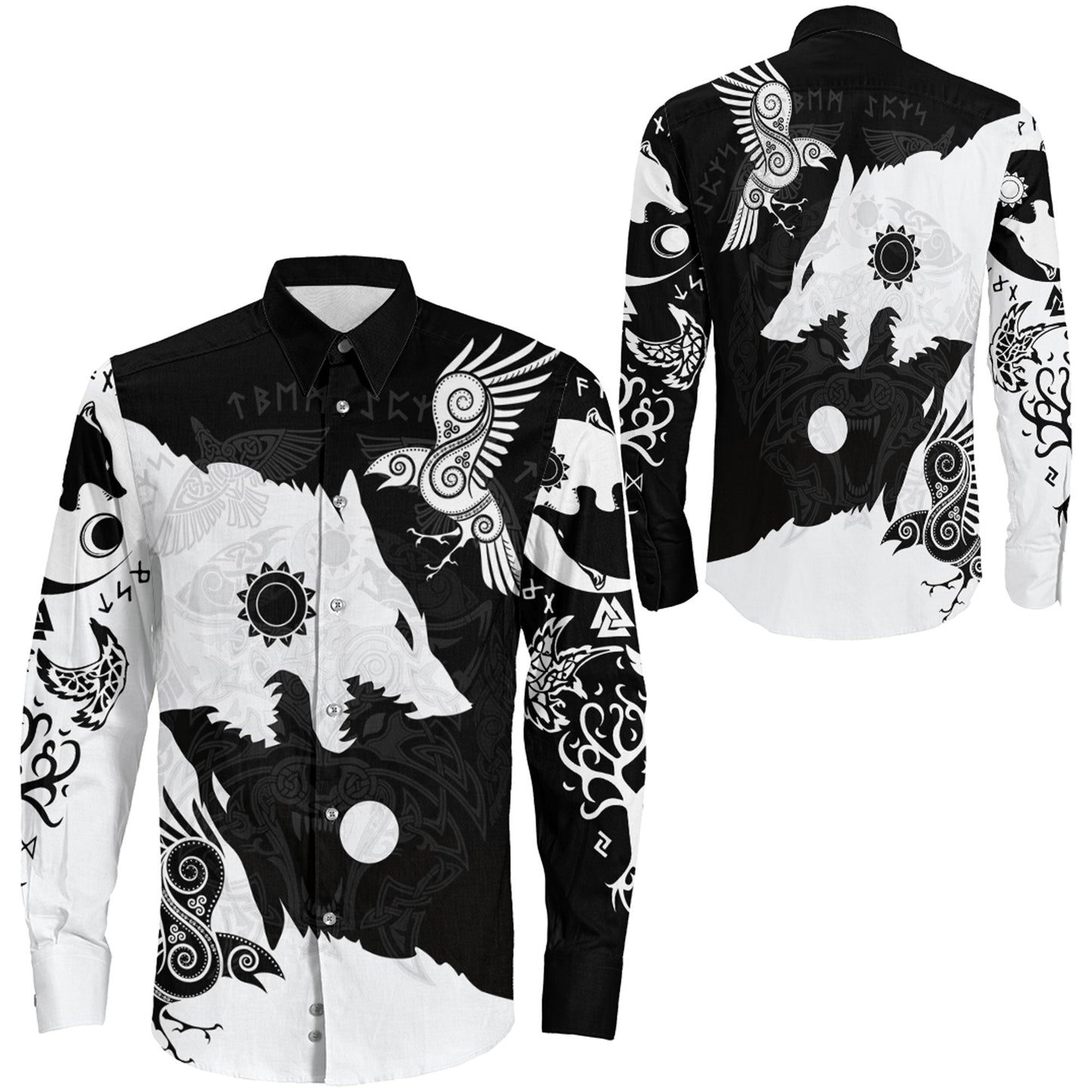 Raven Viking Skoll and Hati Black and White Long Sleeve Button Shirt
