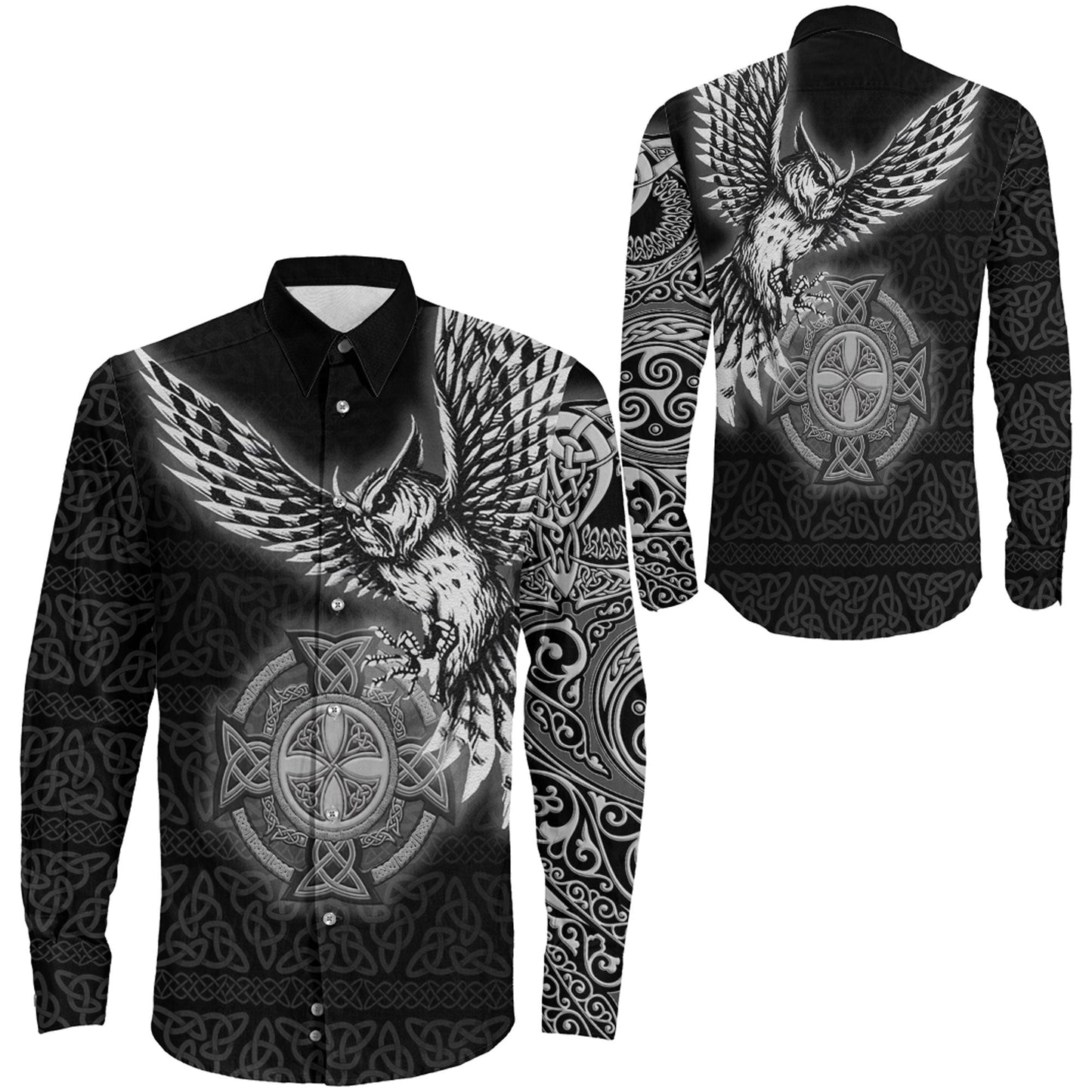 Owl Symbol Silver Viking Long Sleeve Button Shirt