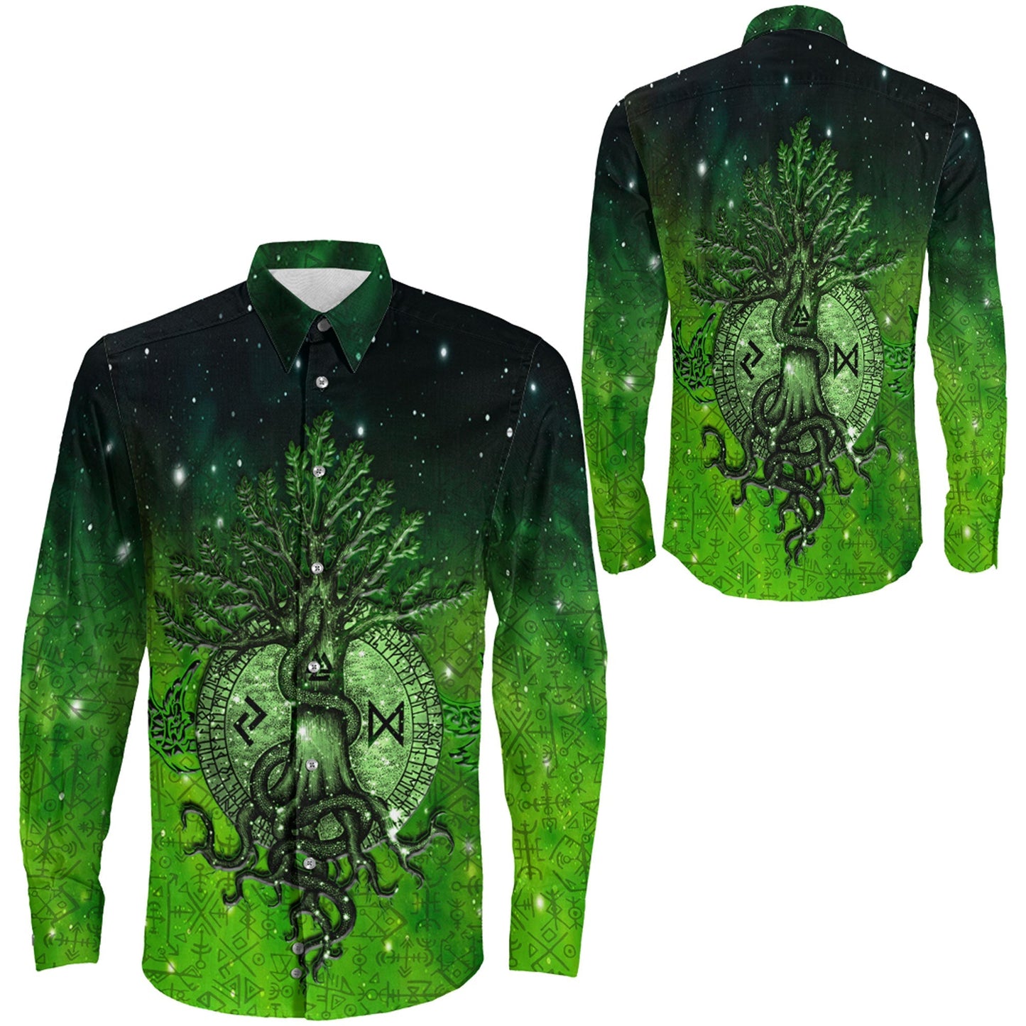 Yggdrasil Viking Green Long Sleeve Button Shirt A31