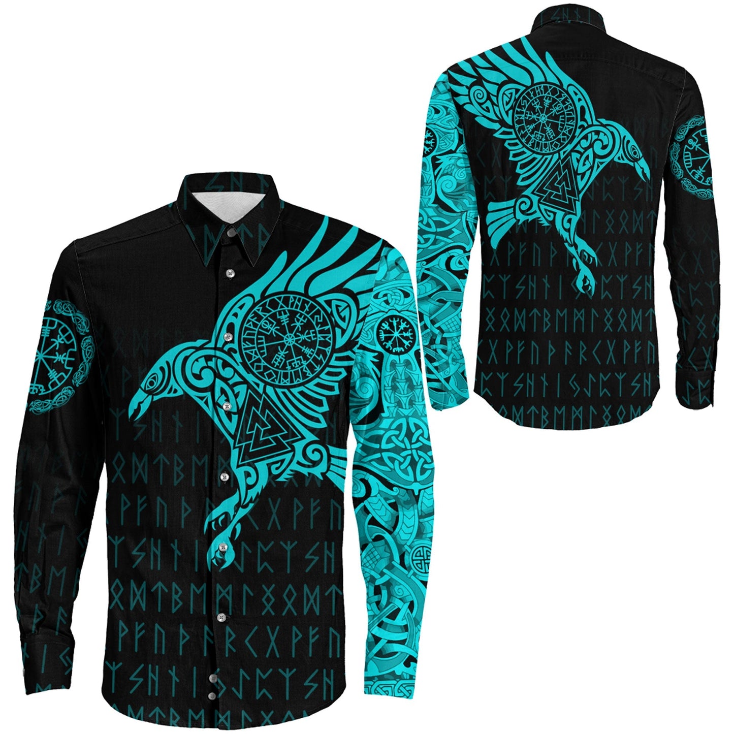 Long Sleeve Button Shirt - The Raven Of Odin Tattoo Cyan Version