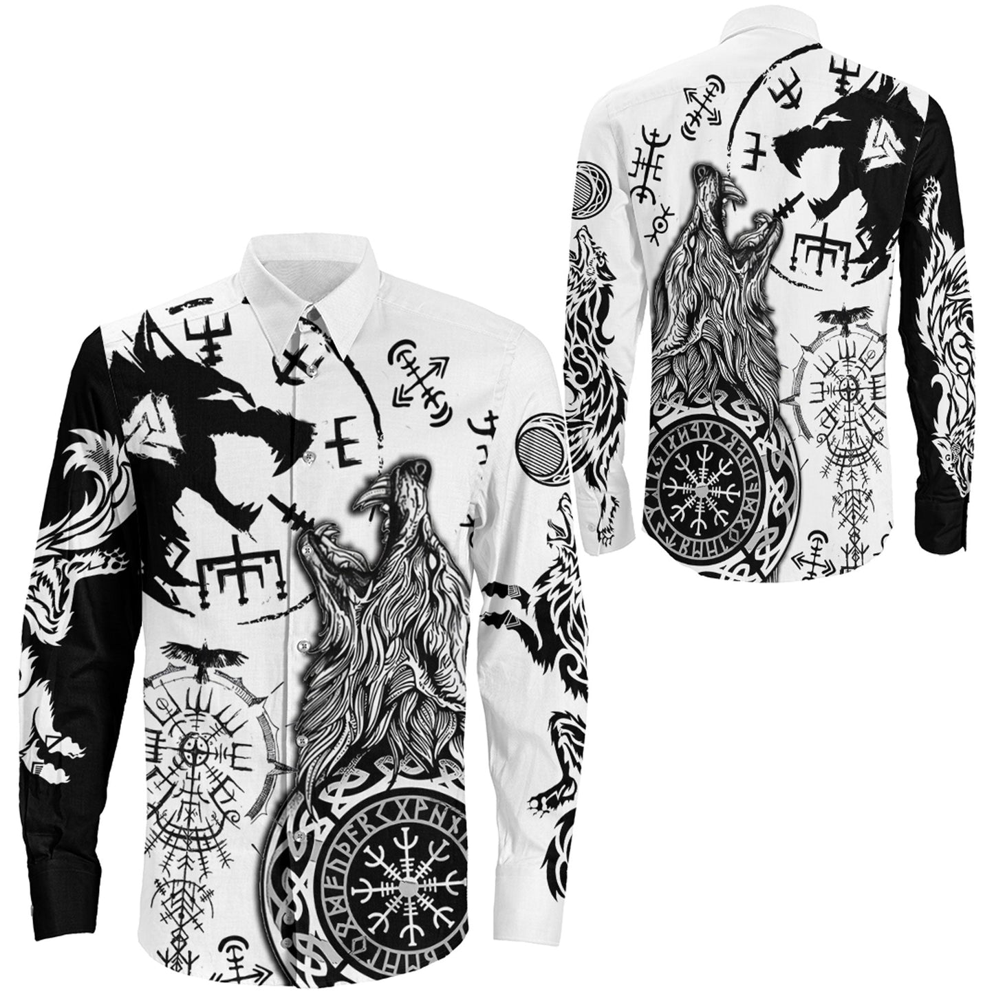 Viking Wolf Fenrir Skoll and Hati White Long Sleeve Button Shirt