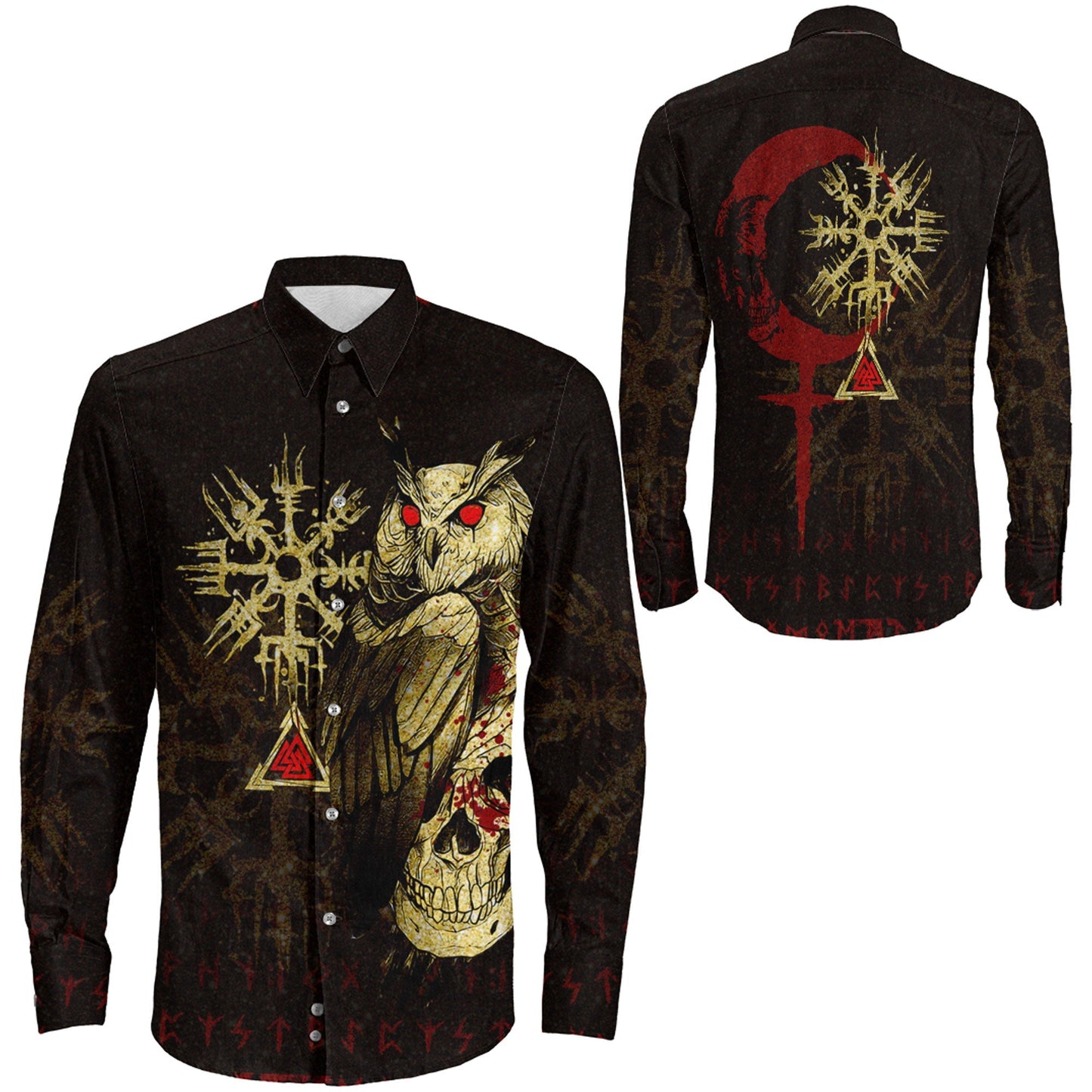 Viking Owl Skull Blood Gold Style Long Sleeve Button Shirt