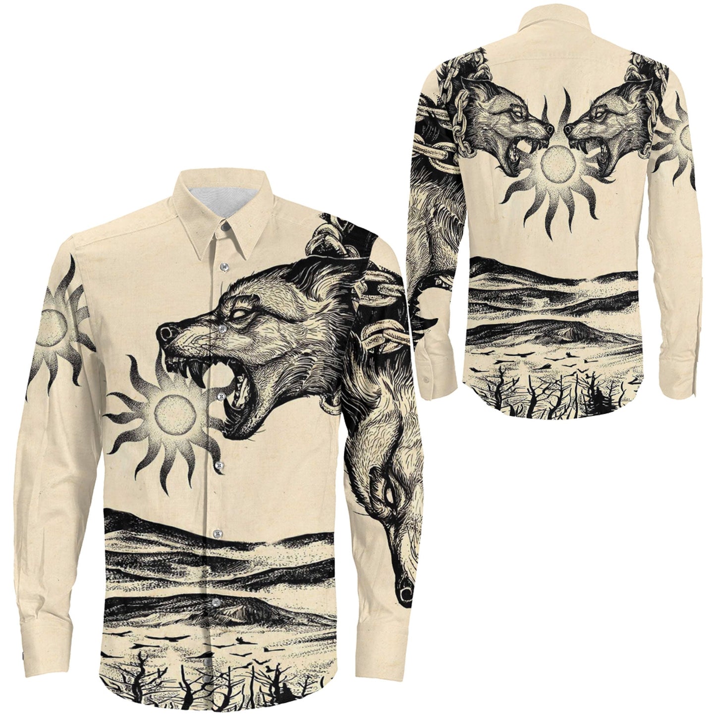 Viking Wolf Skoll Vintage Style Long Sleeve Button Shirt