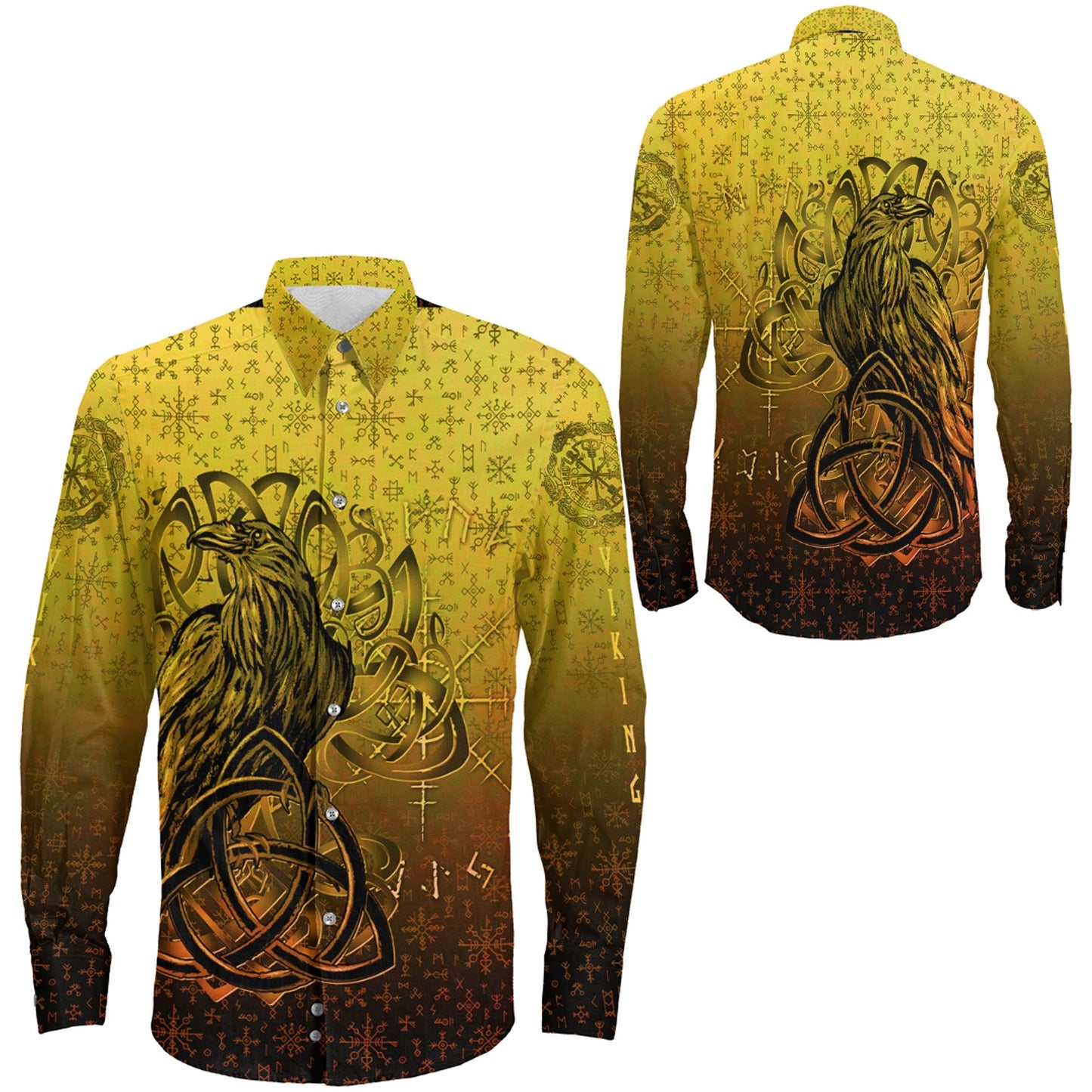 Raven Horn of Odin Gold Long Sleeve Button Shirt