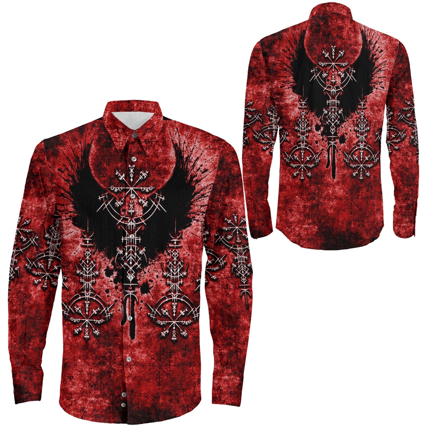 Bird Wing Viking Symbol Red Long Sleeve Button Shirt