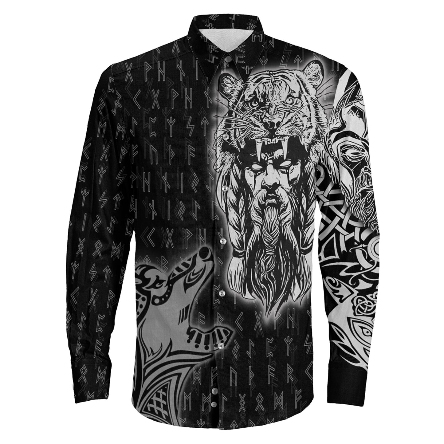 VikingStyle Clothing -Odin and Wolf Viking Long Sleeve Button Shirt