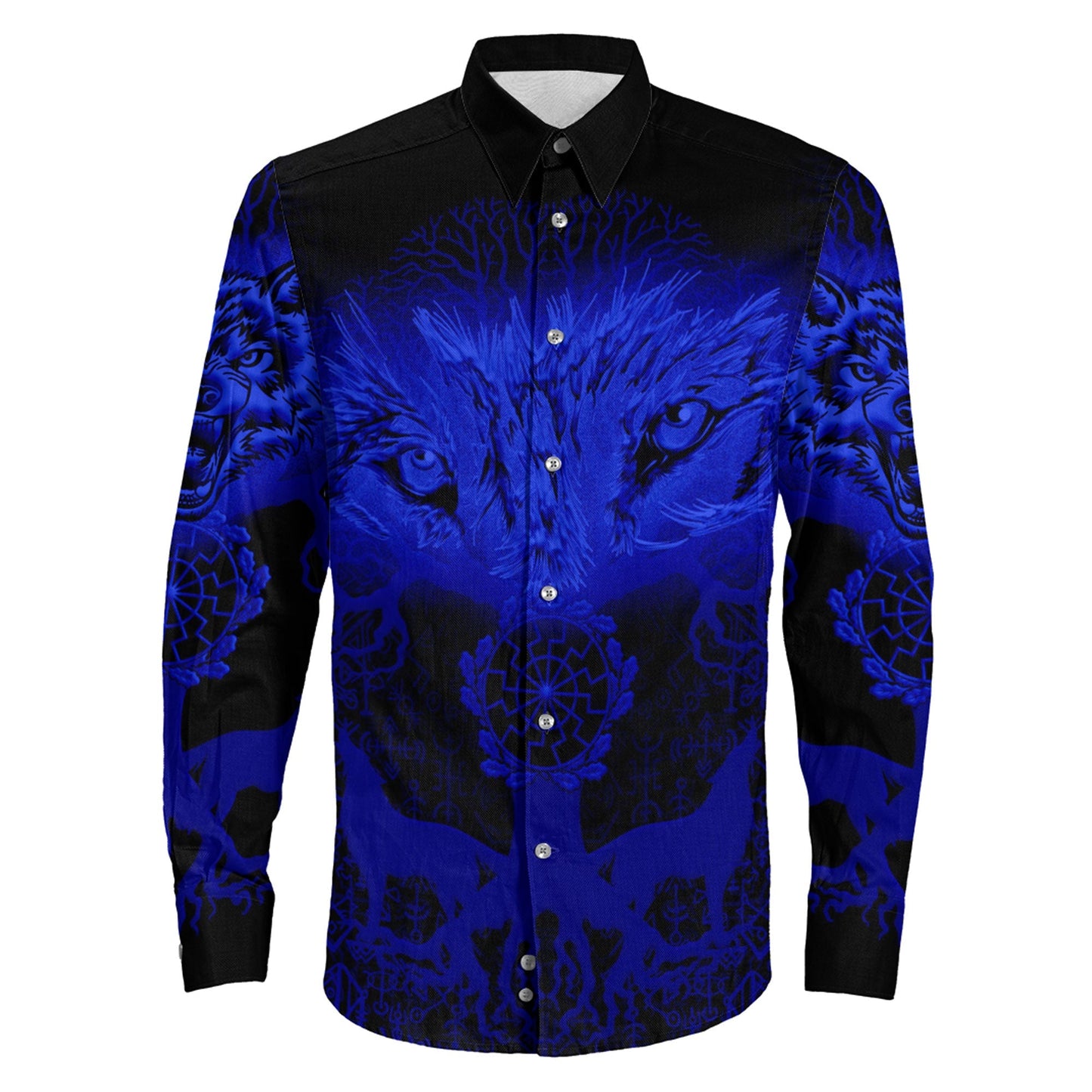 Wolf And Tree Blue viking Long Sleeve Button Shirt