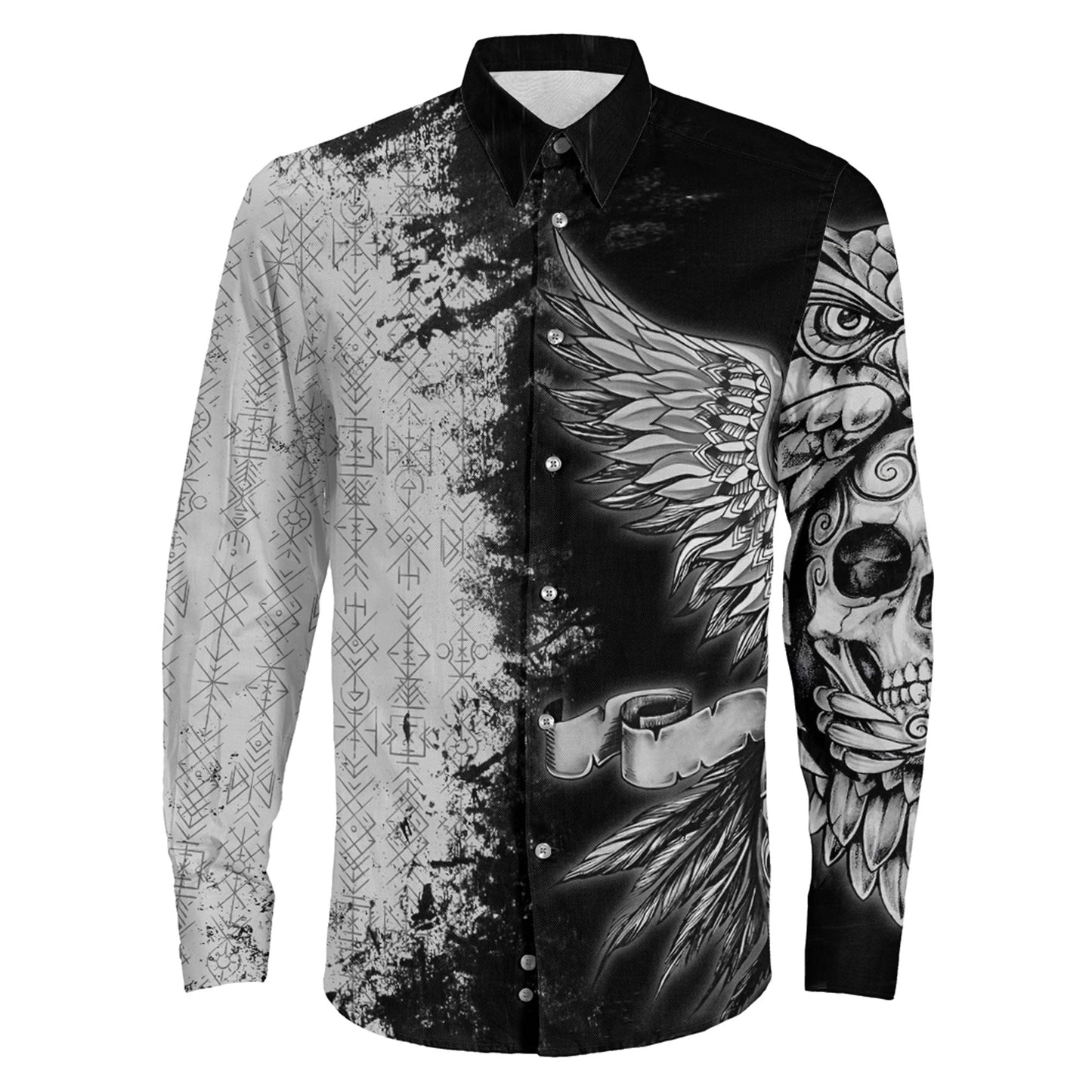 Owl Skull Viking Symbol Long Sleeve Button Shirt
