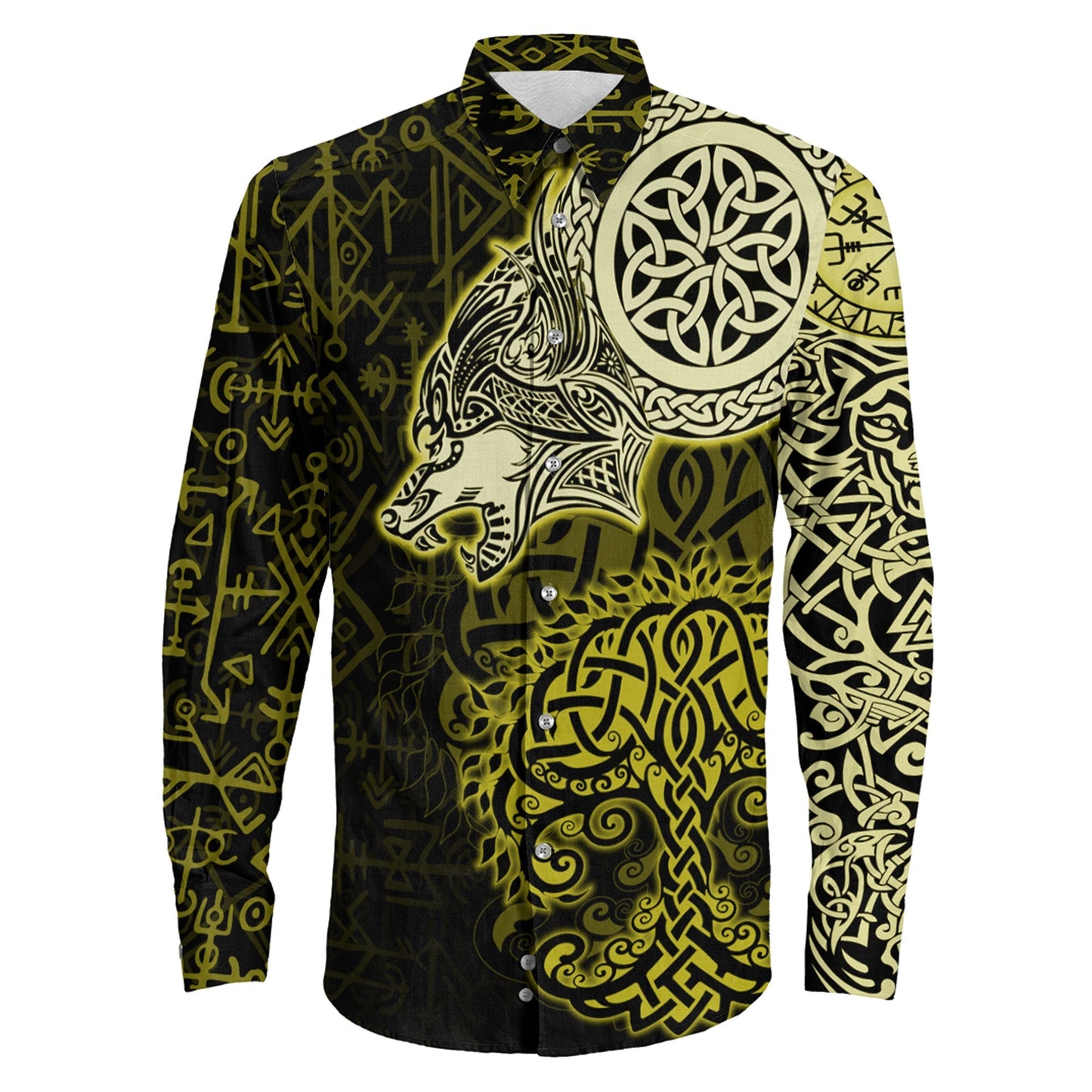 VikingStyle Clothing -Viking Wolf Gold Long Sleeve Button Shirt