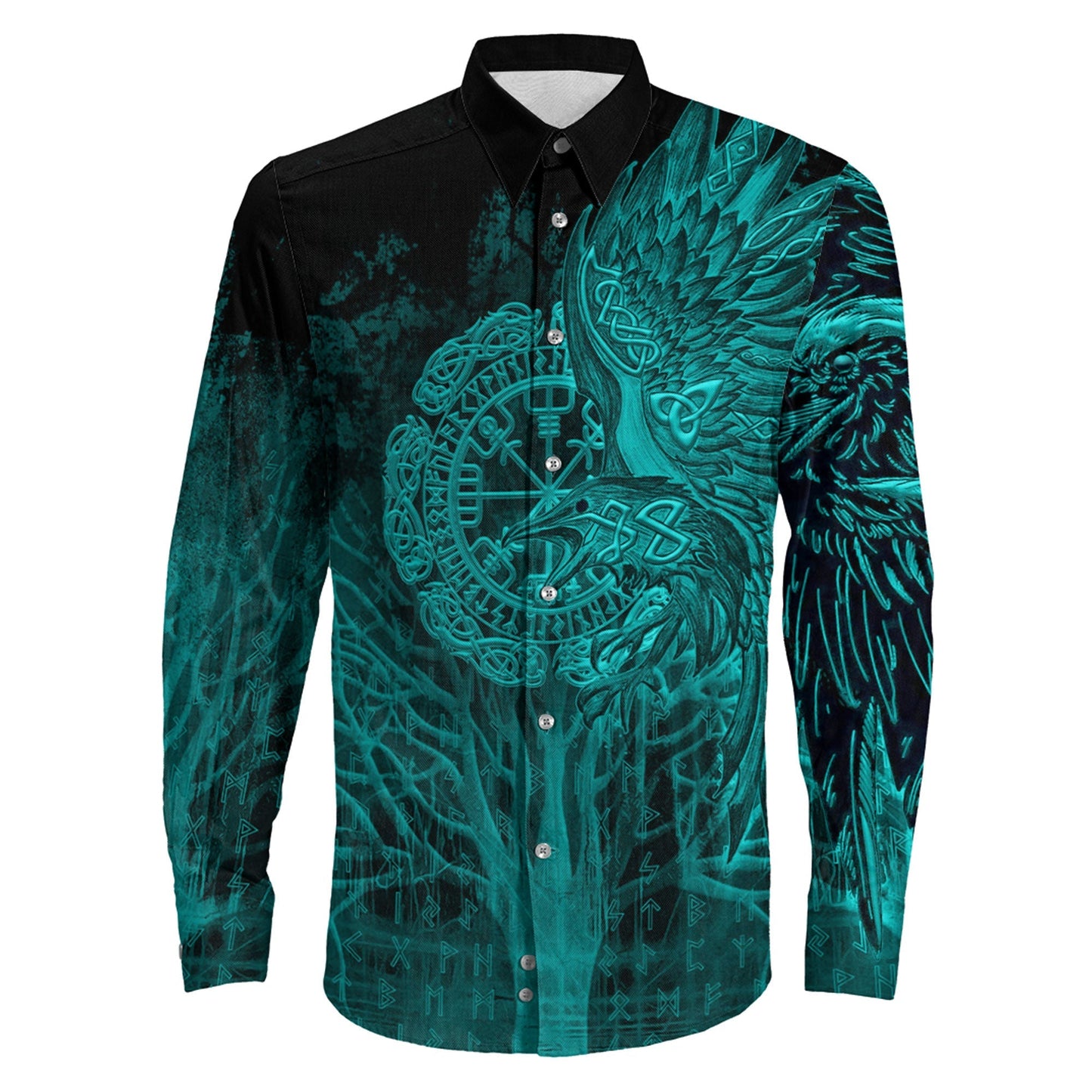 Vegvisir Raven Turquoise Viking Long Sleeve Button Shirt