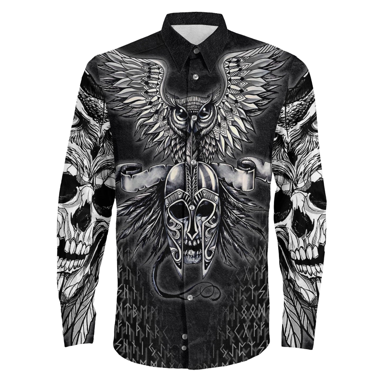 Owl Skull Silver Viking Long Sleeve Button Shirt