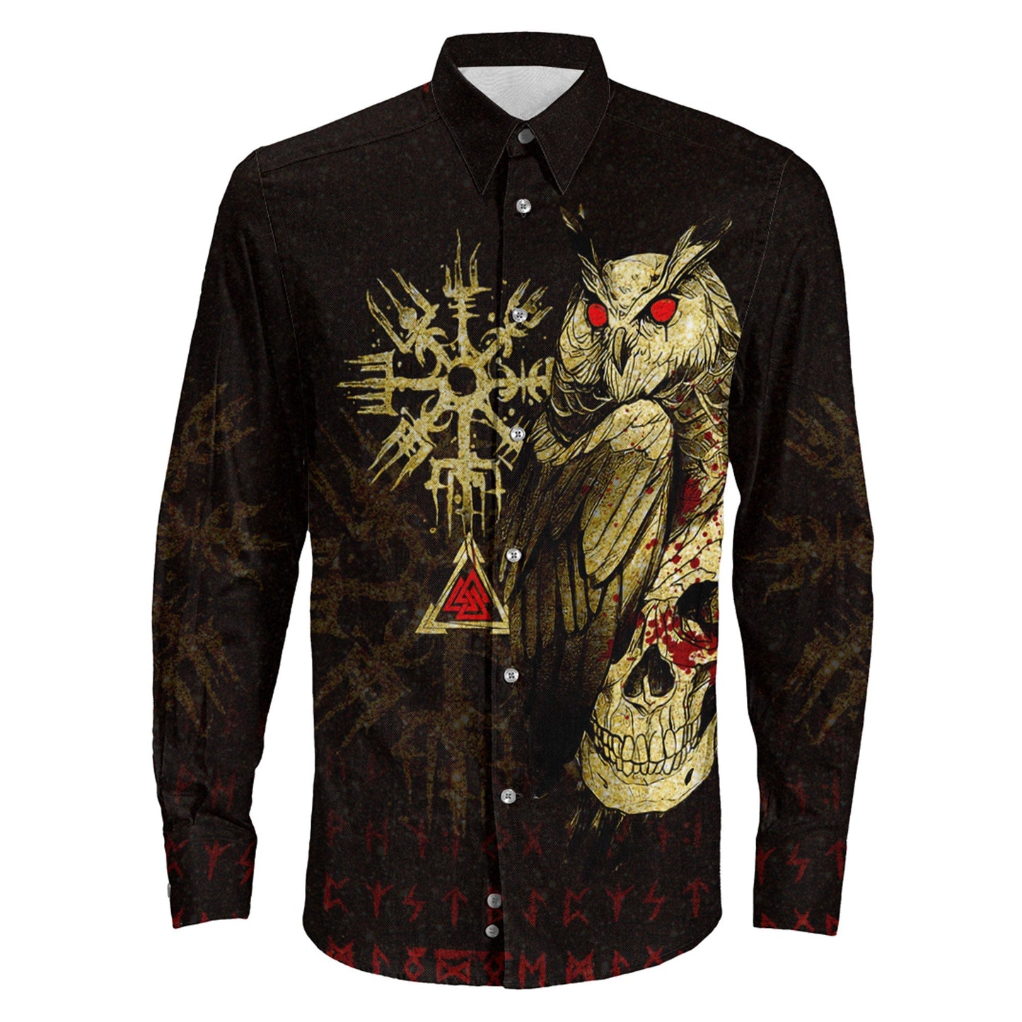 Viking Owl Skull Blood Gold Style Long Sleeve Button Shirt