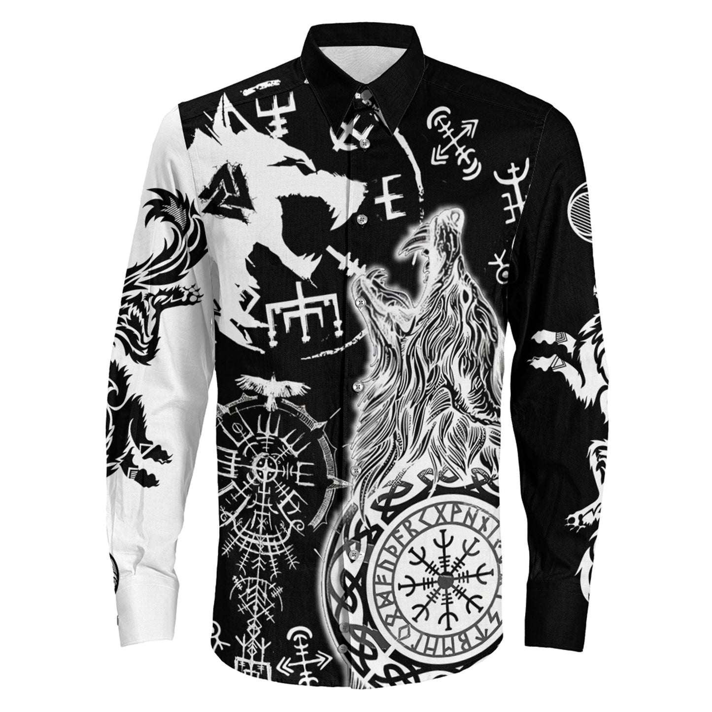 Viking Wolf Fenrir Skoll and Hati Black Long Sleeve Button Shirt