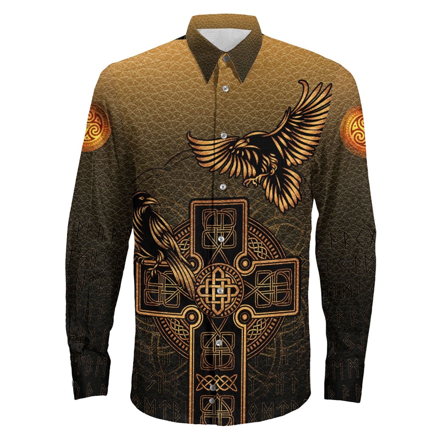 Hugin and Munin Gold Leather Background Long Sleeve Button Shirt