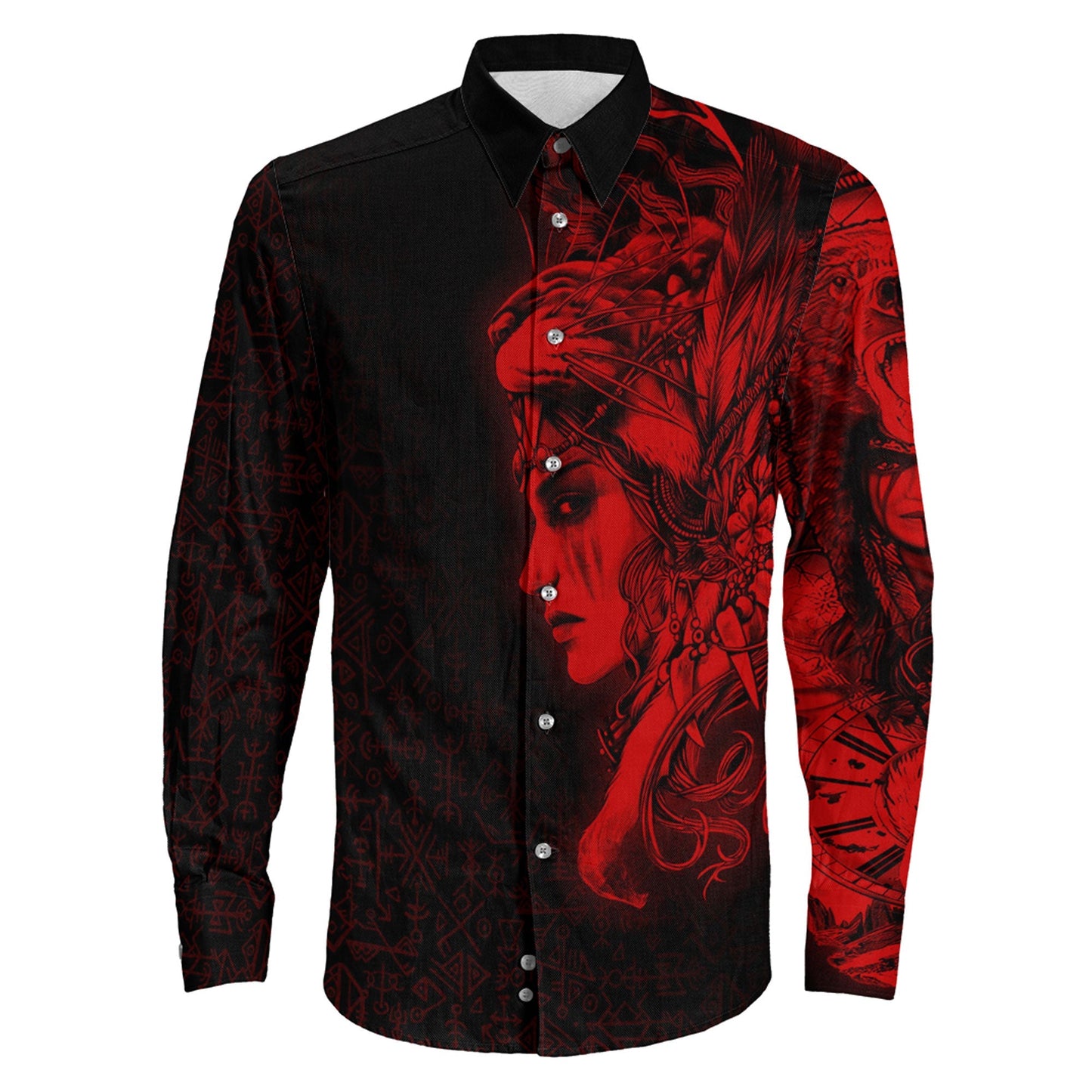 Valkyries And Bear Raven Red Long Sleeve Button Shirt