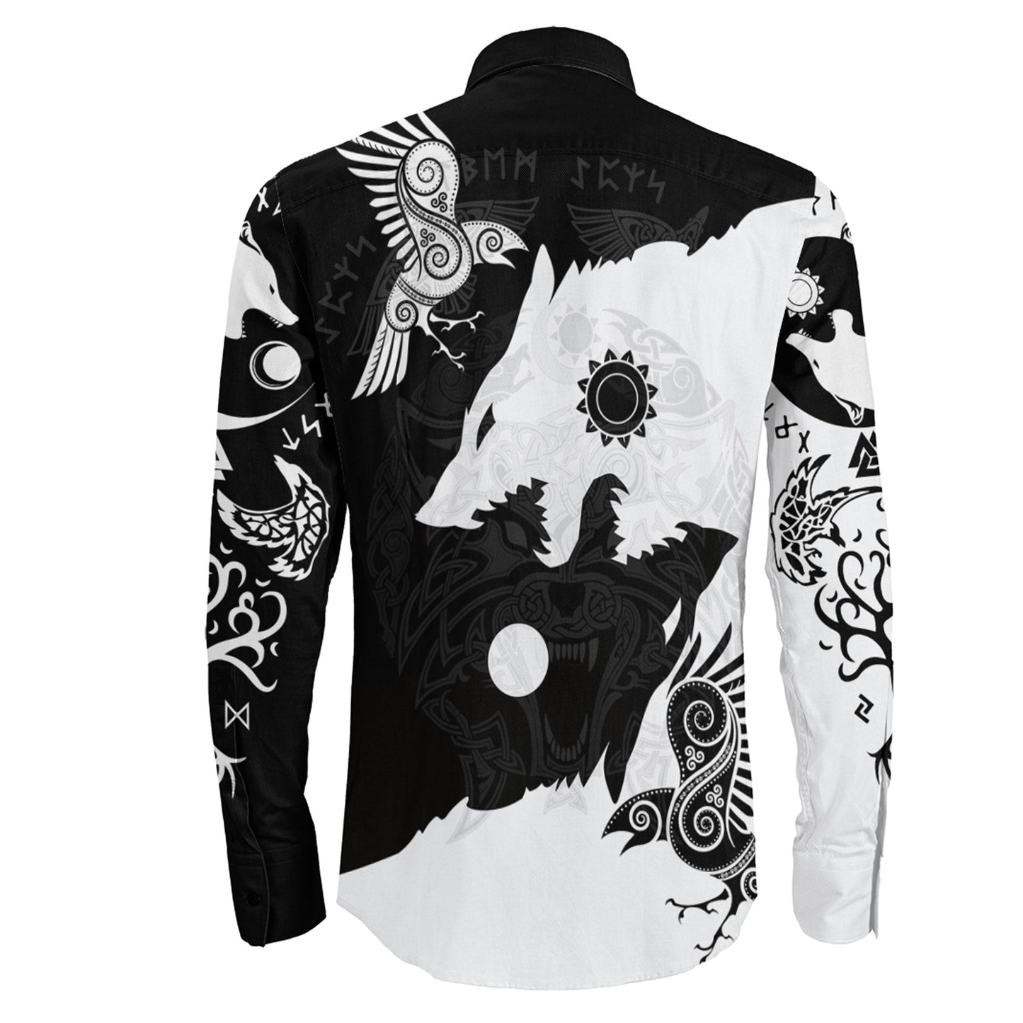 Raven Viking Skoll and Hati Black and White Long Sleeve Button Shirt