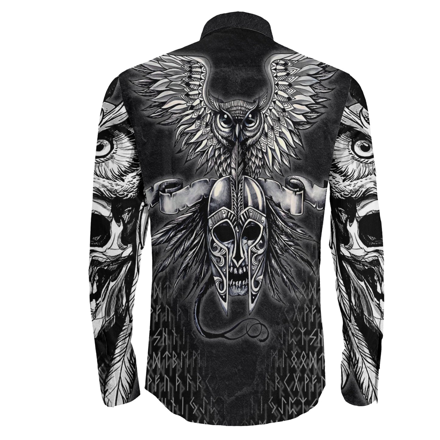 Owl Skull Silver Viking Long Sleeve Button Shirt