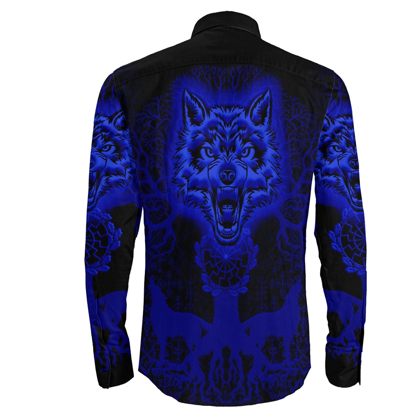 Wolf And Tree Blue viking Long Sleeve Button Shirt
