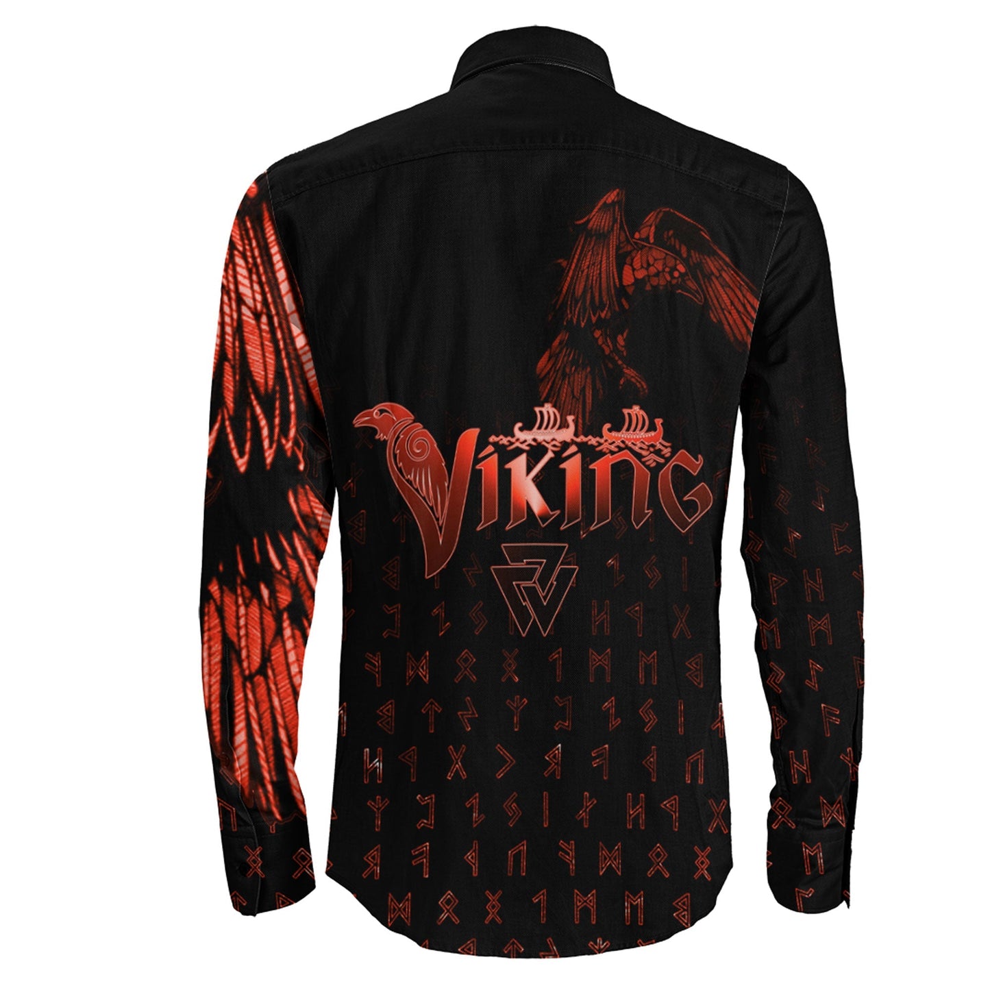 VikingStyle Clothing -Raven Helm of Awe Red Long Sleeve Button Shirt