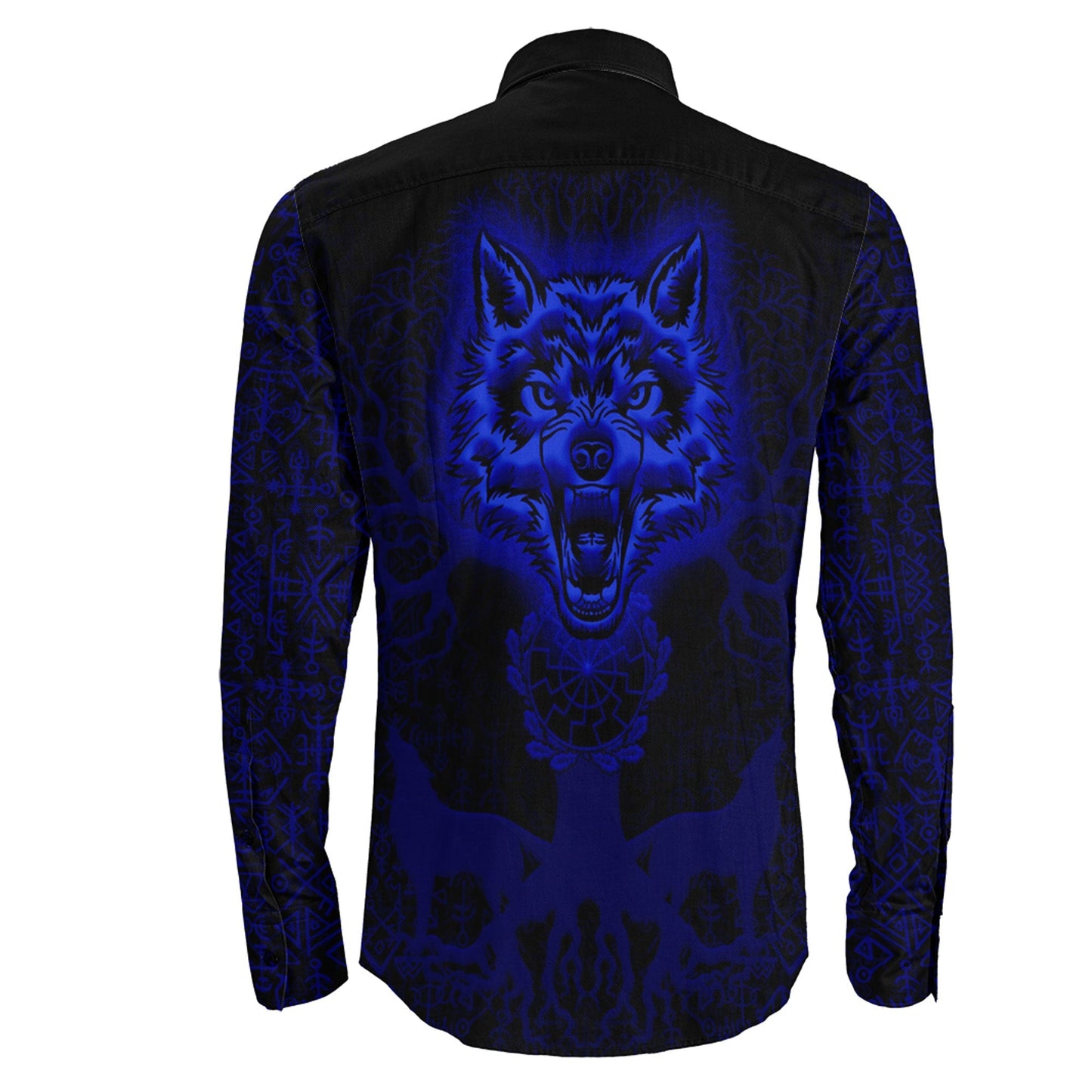 Tree And Wolf Blue viking Long Sleeve Button Shirt