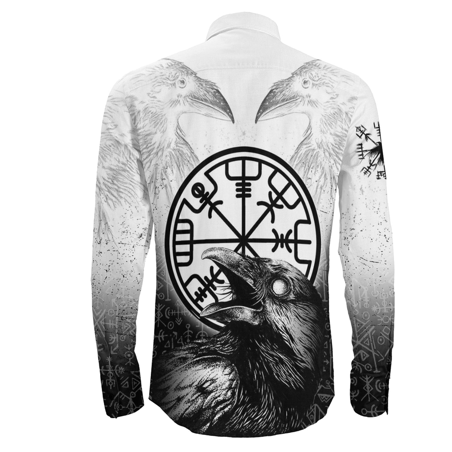 Viking Raven Black and White Vegvisir Long Sleeve Button Shirt