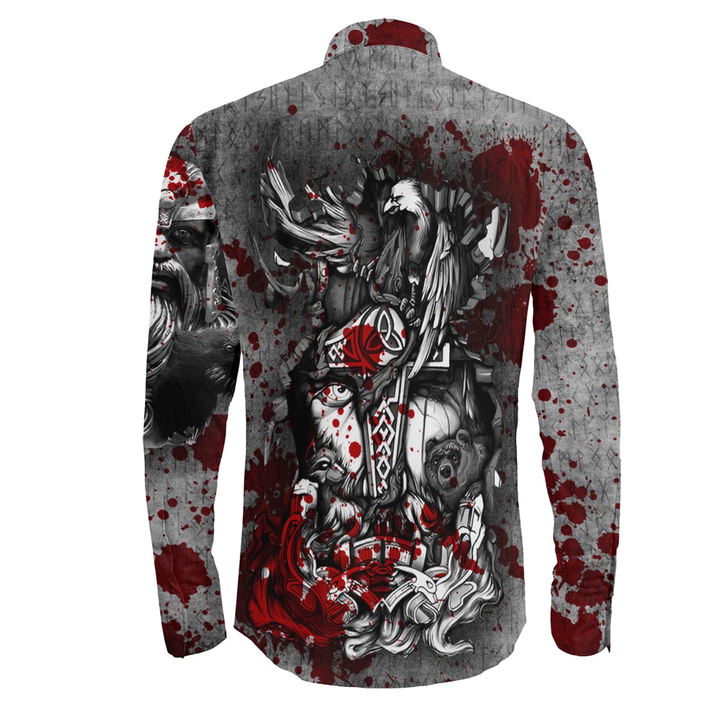 Viking Odin Bear Raven Wolf Blood Long Sleeve Button Shirt