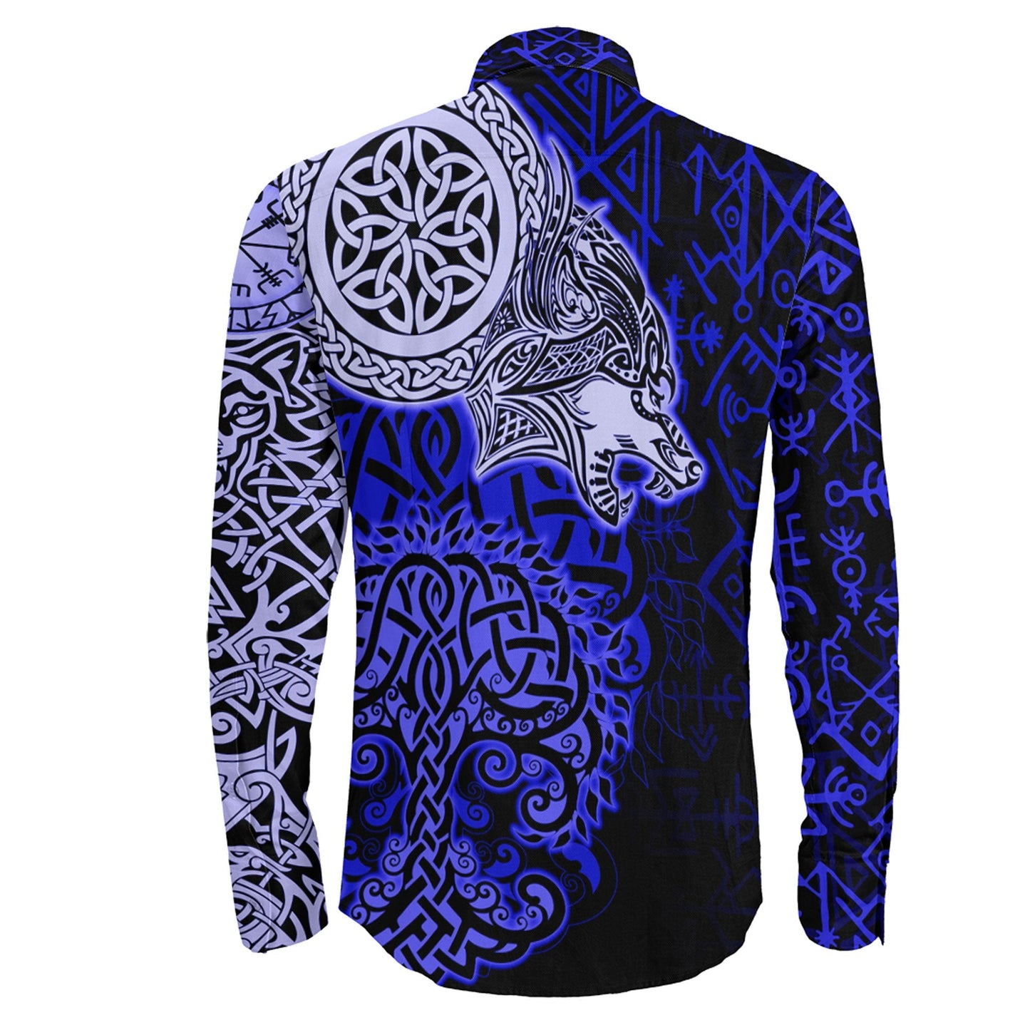 VikingStyle Clothing -Viking Wolf Blue Long Sleeve Button Shirt