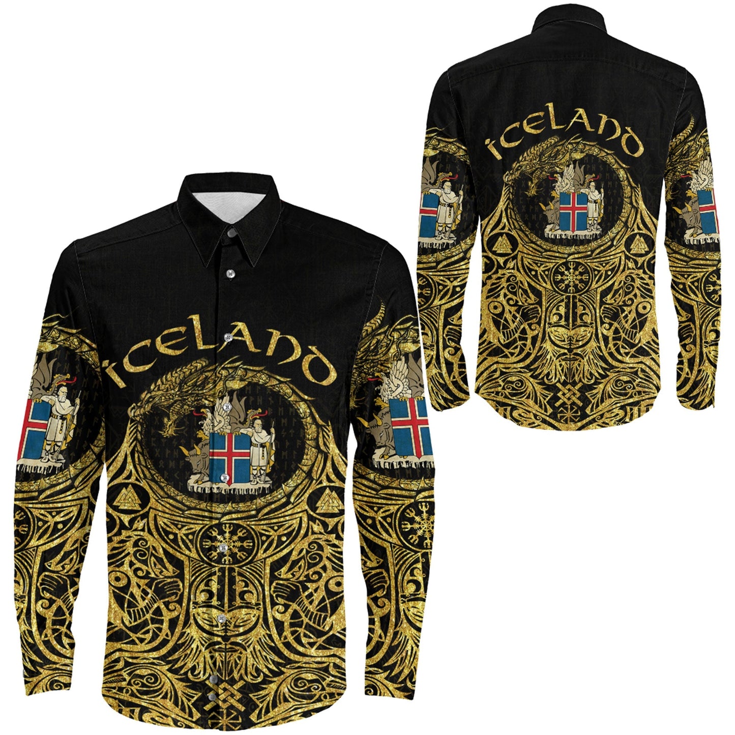 Iceland Odin Symbol Tattoo Gold Long Sleeve Button Shirt