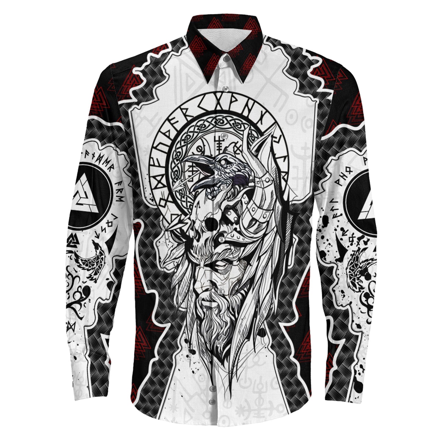 Odin and Valknut Brush Style Long Sleeve Button Shirt