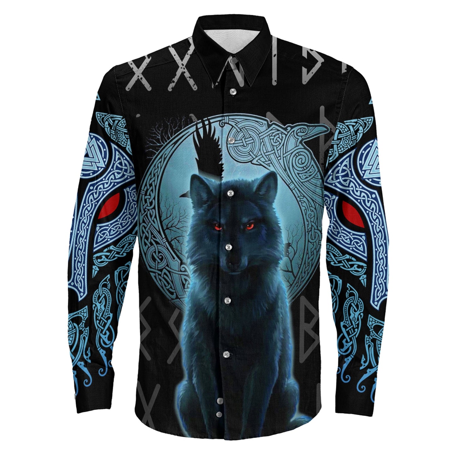 Fenrir Wolf And Moon Long Sleeve Button Shirt