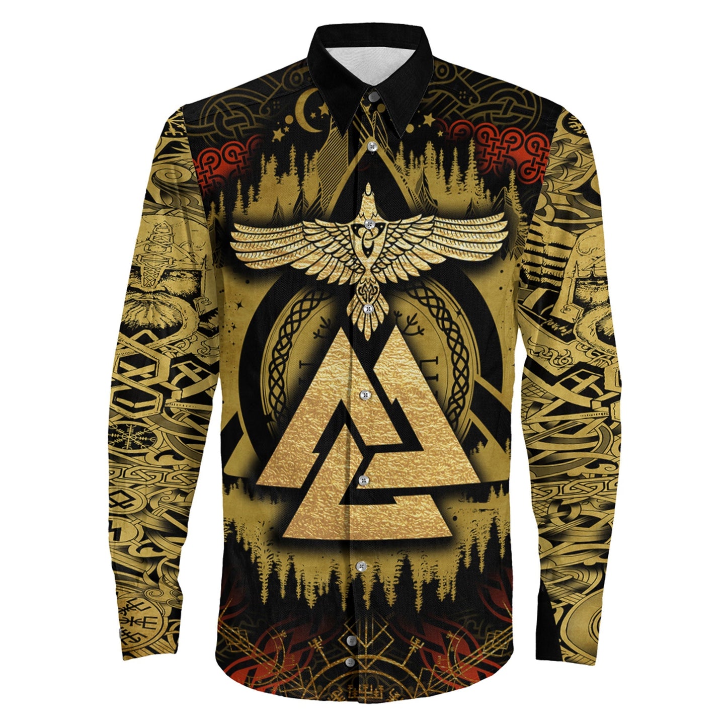 Raven and Valknut Celtic Knot Gold Style Long Sleeve Button Shirt