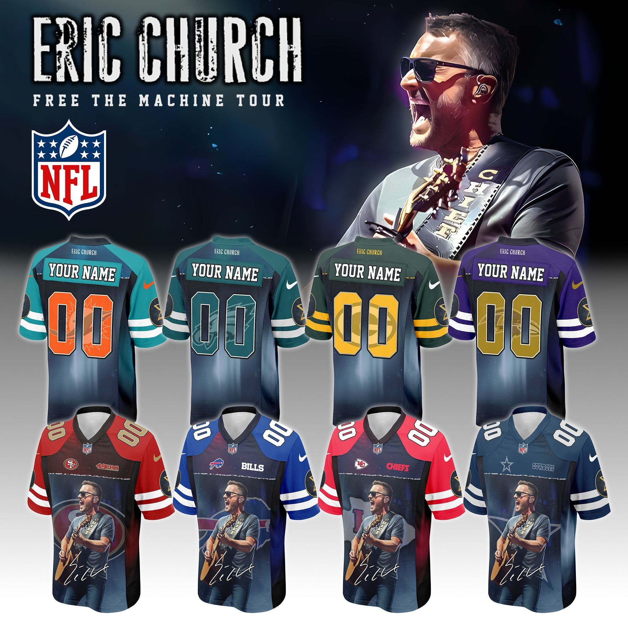 NFL X Eric Church Free The Machine Tour 2025 Football Jersey Editions Limited