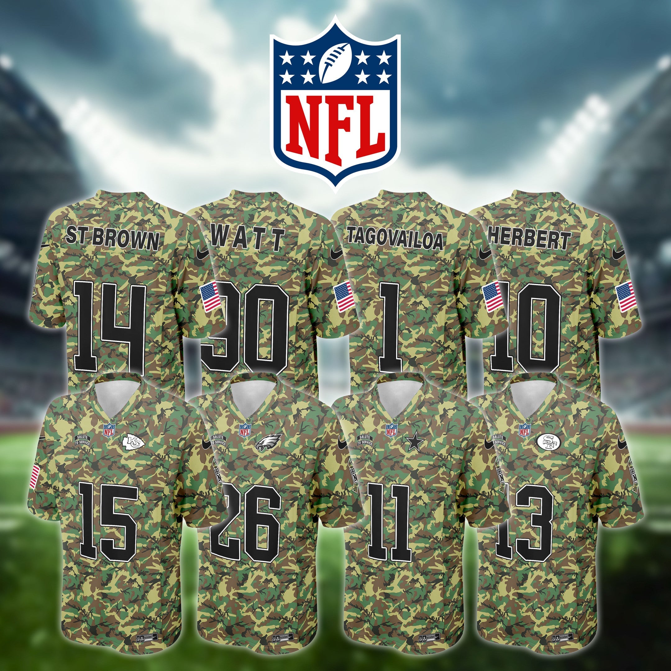 NFL US Army Veteran Salute To Service Green Camo Football Jersey Editions Limited