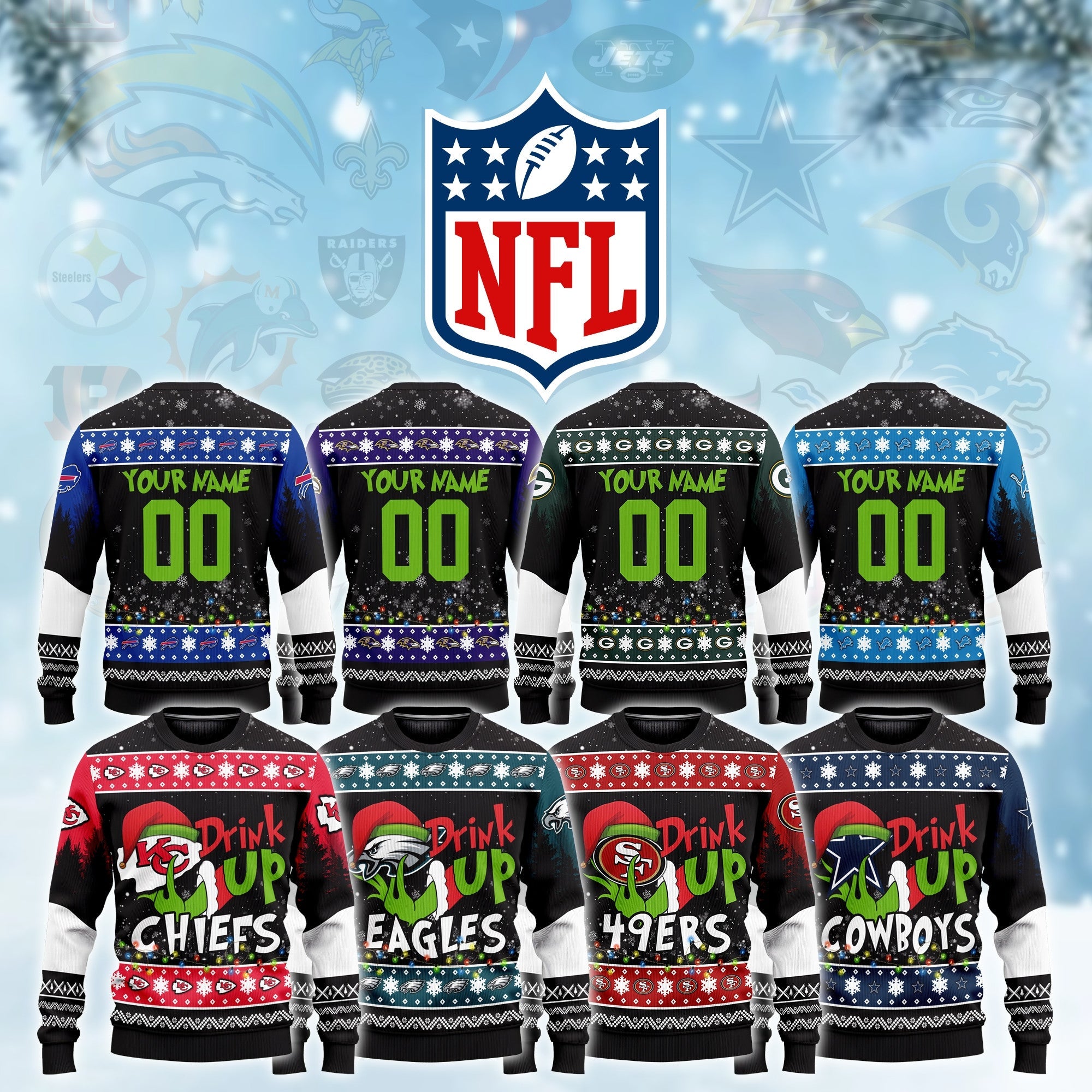 NFL Drink Up Grinch Ugly Christmas Sweater Editions Limited