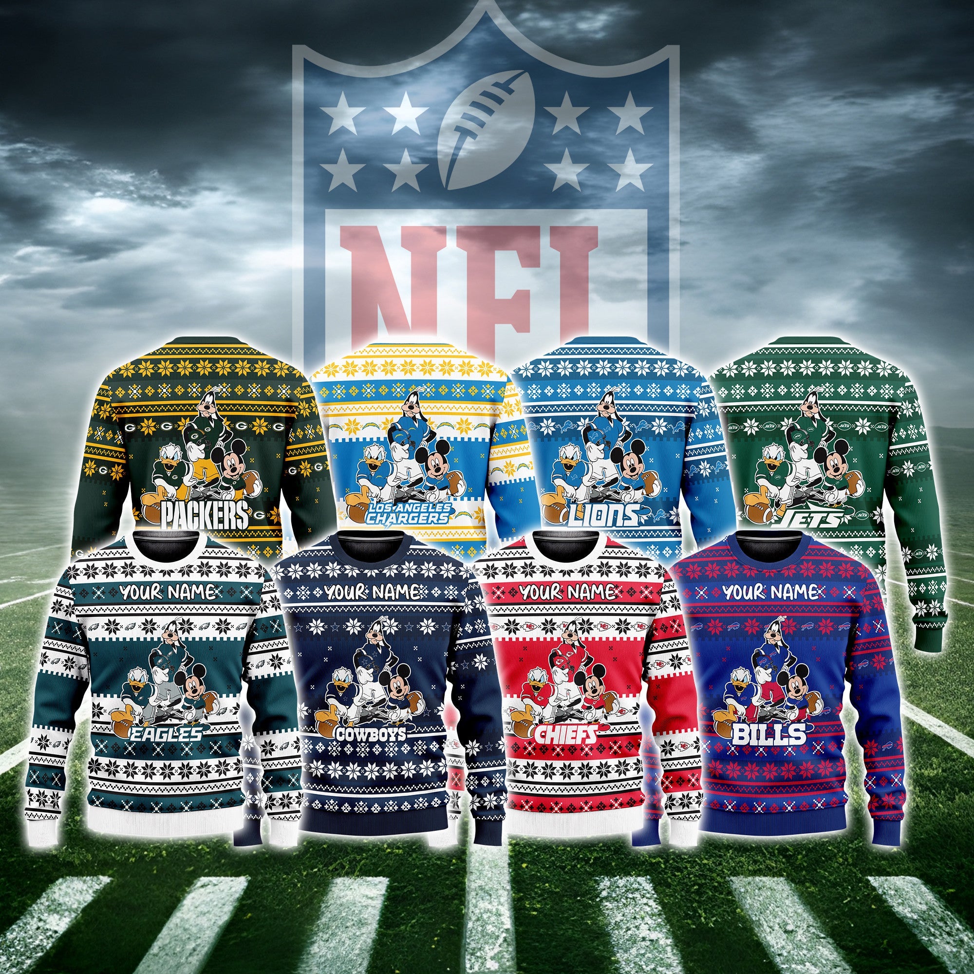 NFL x Disney Donald Duck Mickey Mouse Goofy Ugly Christmas Sweater Editions Limited