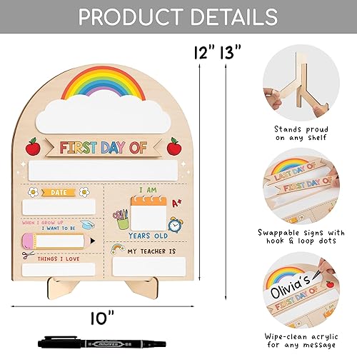 My First Day of School Sign 12"x10", First and Last Day of School Board with Marker, Reusable Back to Class Wooden Chalkboard for Preschool, Pre-K, and Kindergarten, Easy to Write & Clean Board