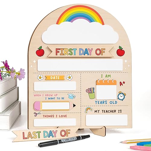 My First Day of School Sign 12"x10", First and Last Day of School Board with Marker, Reusable Back to Class Wooden Chalkboard for Preschool, Pre-K, and Kindergarten, Easy to Write & Clean Board