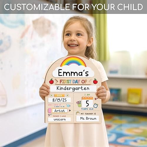 My First Day of School Sign 12"x10", First and Last Day of School Board with Marker, Reusable Back to Class Wooden Chalkboard for Preschool, Pre-K, and Kindergarten, Easy to Write & Clean Board