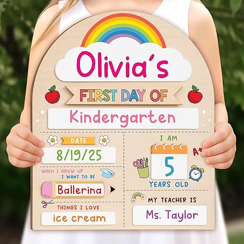 My First Day of School Sign 12"x10", First and Last Day of School Board with Marker, Reusable Back to Class Wooden Chalkboard for Preschool, Pre-K, and Kindergarten, Easy to Write & Clean Board