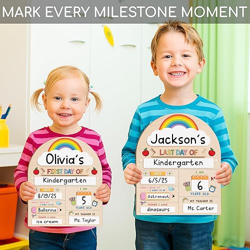 My First Day of School Sign 12"x10", First and Last Day of School Board with Marker, Reusable Back to Class Wooden Chalkboard for Preschool, Pre-K, and Kindergarten, Easy to Write & Clean Board