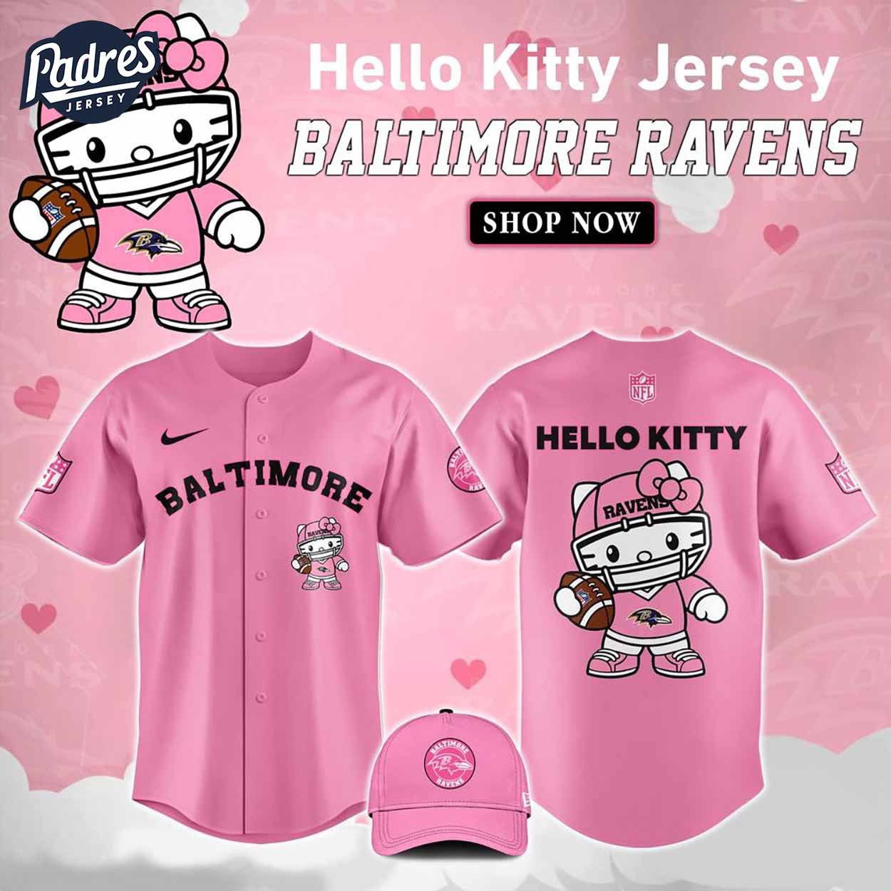 Baltimore Ravens Hello Kitty Pink NFL Baseball Jersey - Padres Jersey Oasis: Elevate Your Baseball Style Game