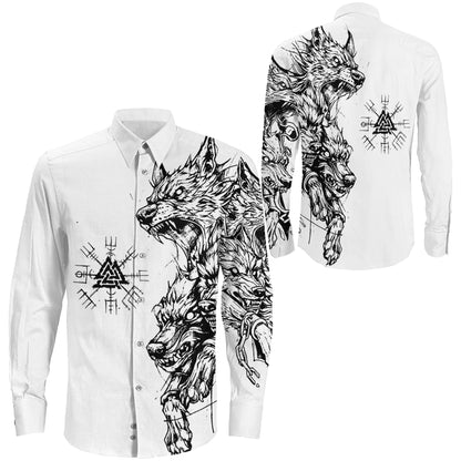 Viking Hell Wolf and Valknut Long Sleeve Button Shirt
