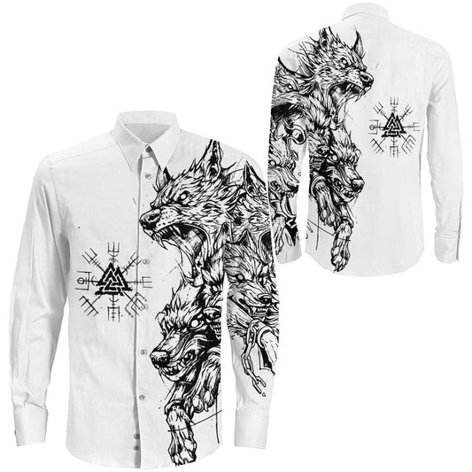 Viking Hell Wolf and Valknut Long Sleeve Button Shirt