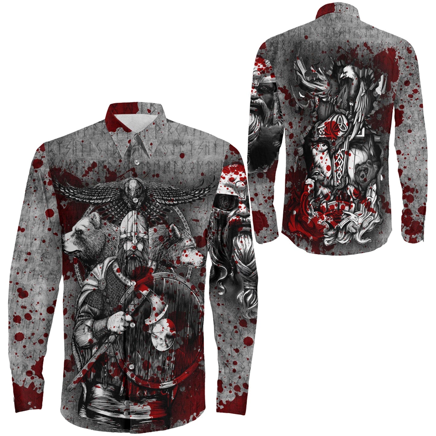 Viking Odin Bear Raven Wolf Blood Long Sleeve Button Shirt