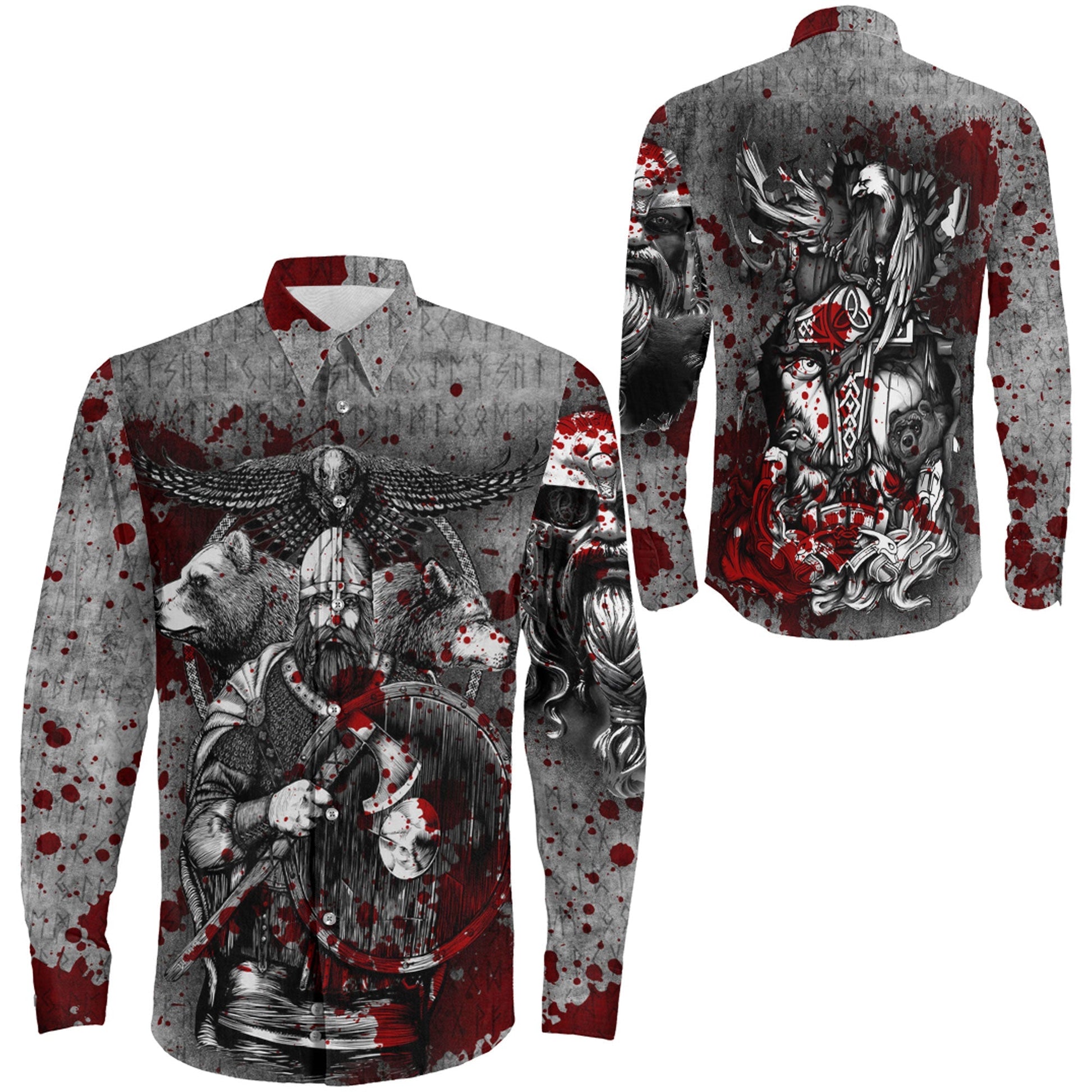 Viking Odin Bear Raven Wolf Blood Long Sleeve Button Shirt