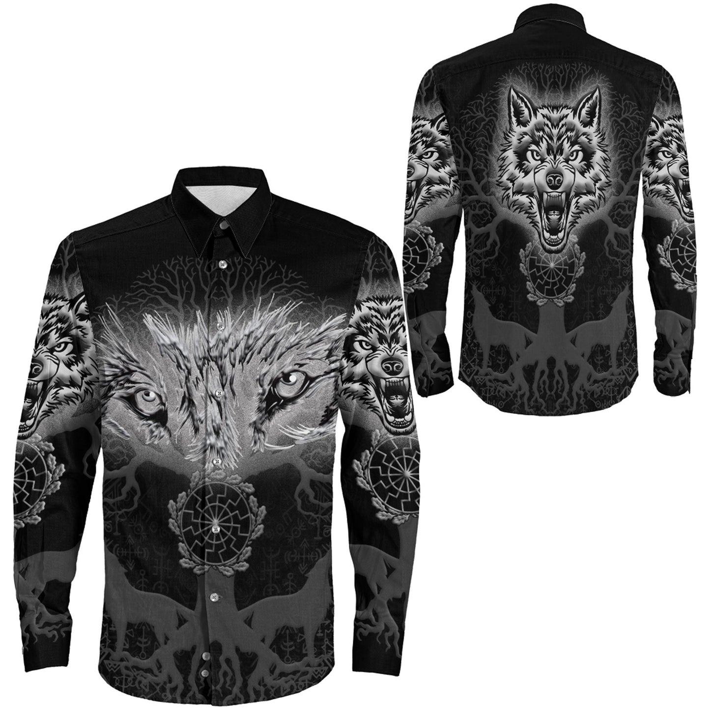 Wolf And Tree viking Long Sleeve Button Shirt