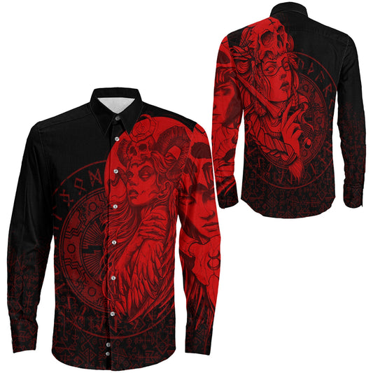 Valkyries Skull Red Long Sleeve Button Shirt