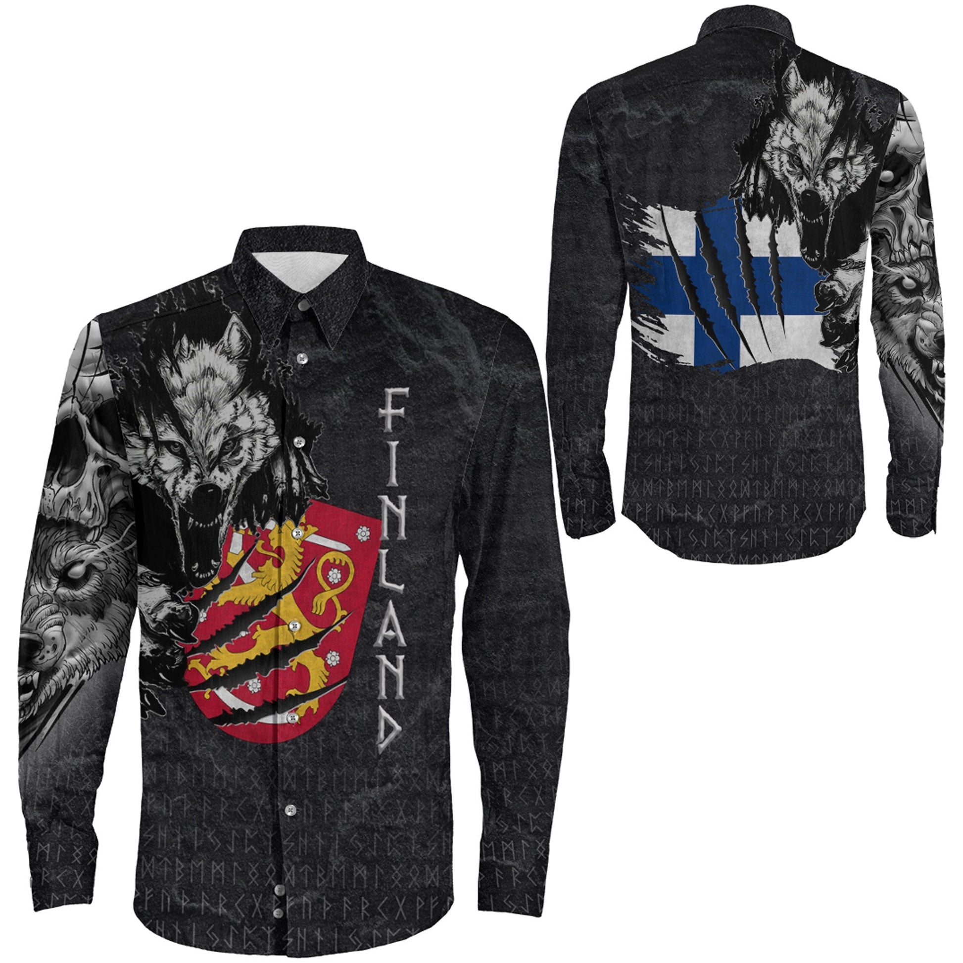 Finland Wolf Viking Long Sleeve Button Shirt