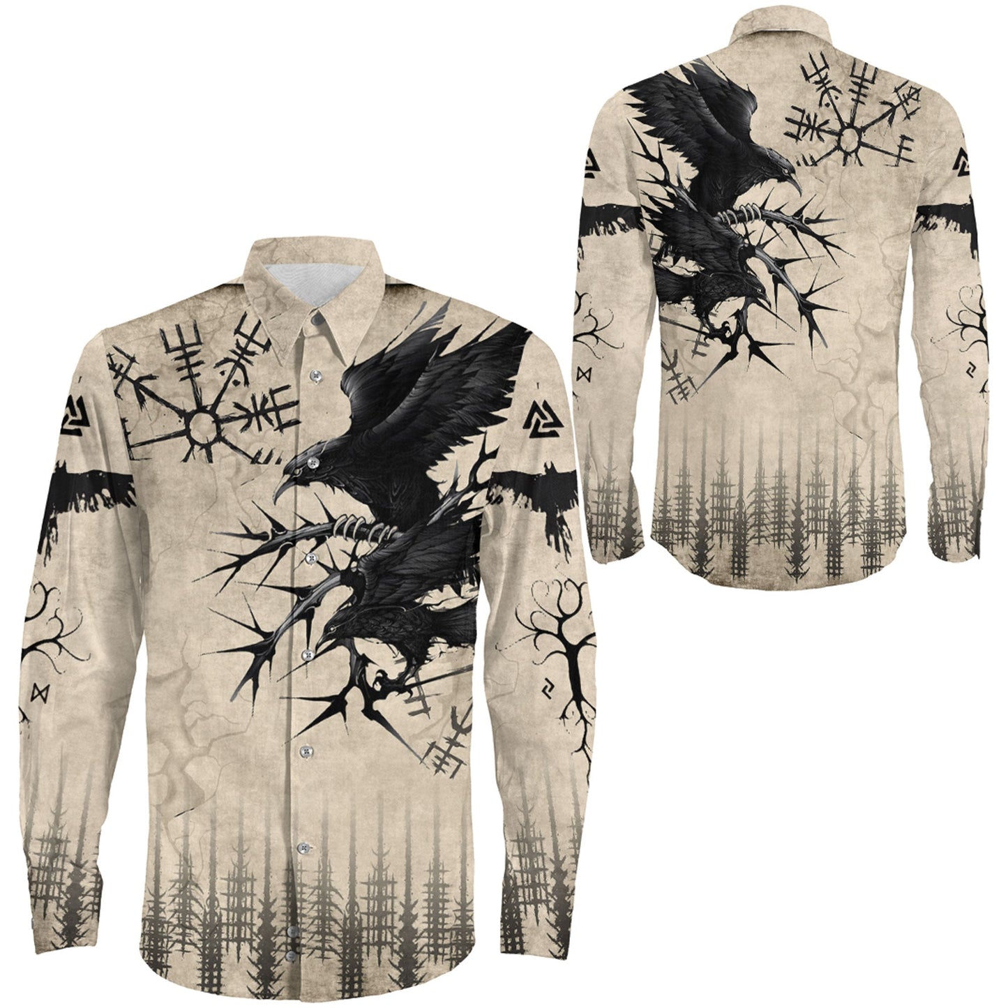 Raven and Vegvisir Vintage Style Long Sleeve Button Shirt